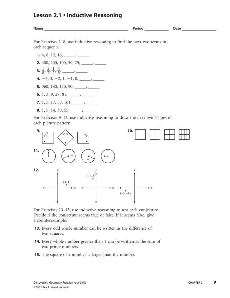 Skills Practice Inductive Reasoning And Conjecture Worksheet