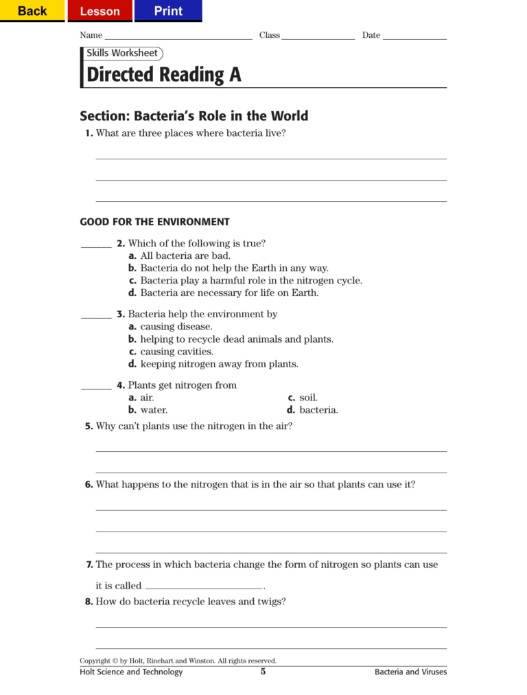 Directed Reading A Skills Worksheet SkillsWorksheets