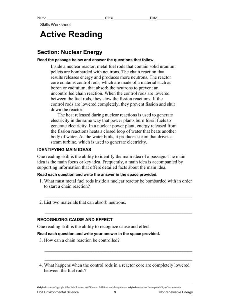 Skills Worksheet Active Reading Energy Resources And Fossil Fuels Answers