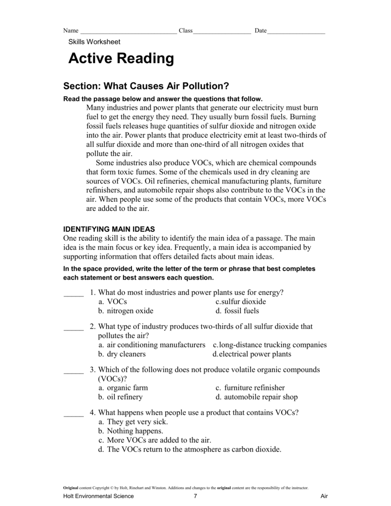 23 Holt Environmental Science Skills Worksheet Active Reading Answer 