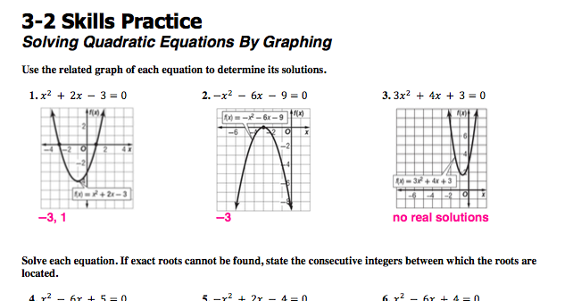 9 2 Skills Practice Solving Quadratic Equations By Graphing Worksheet 