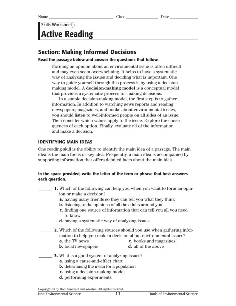 Active Reading Skills Worksheet Answer Key Understanding Our 