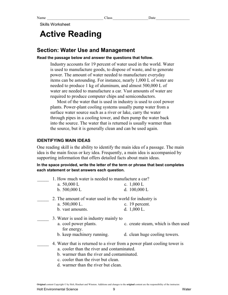 Active Reading Skills Worksheet Answer Key Understanding Our 