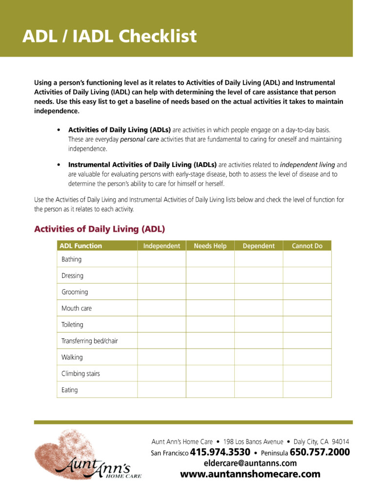Activities Of Daily Living Checklist eldercare homecare Activities 