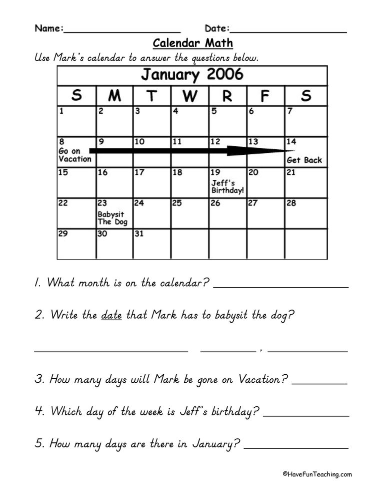 Calendar Math Worksheet Calendar Math Calendar Worksheets 