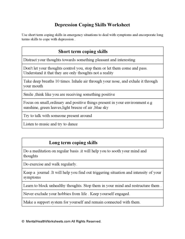 Coping Skills Mental Illness Worksheets - SkillsWorksheets.com