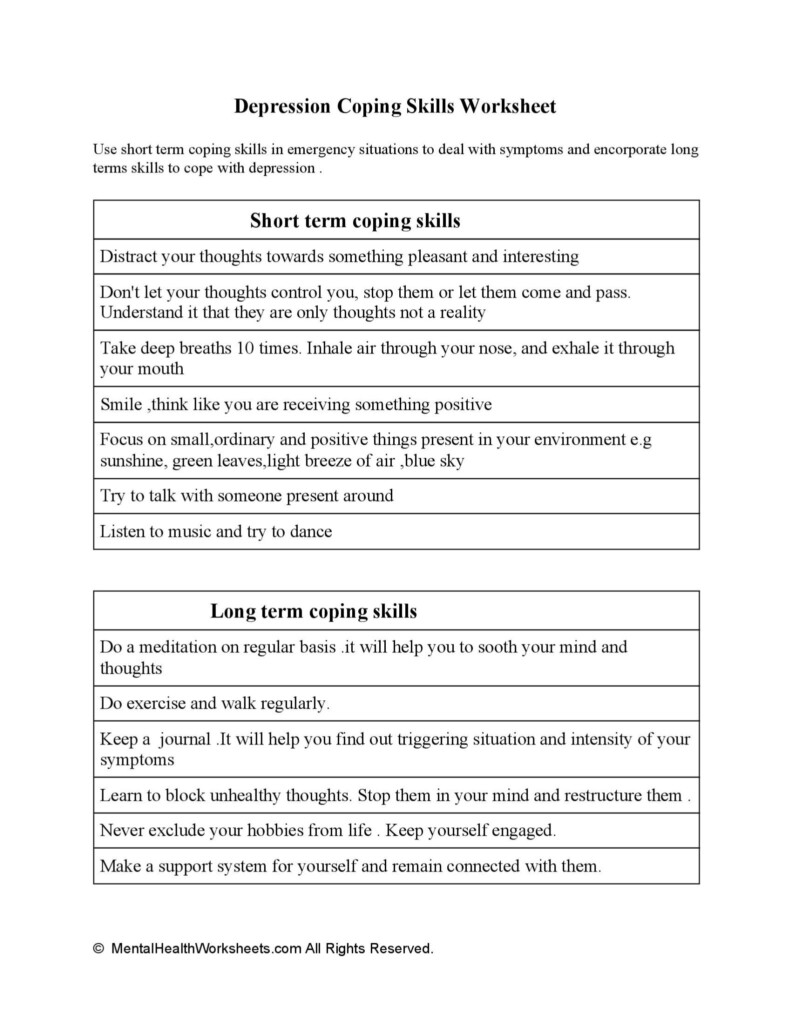 Depression Coping Skills Worksheet Mental Health Worksheets