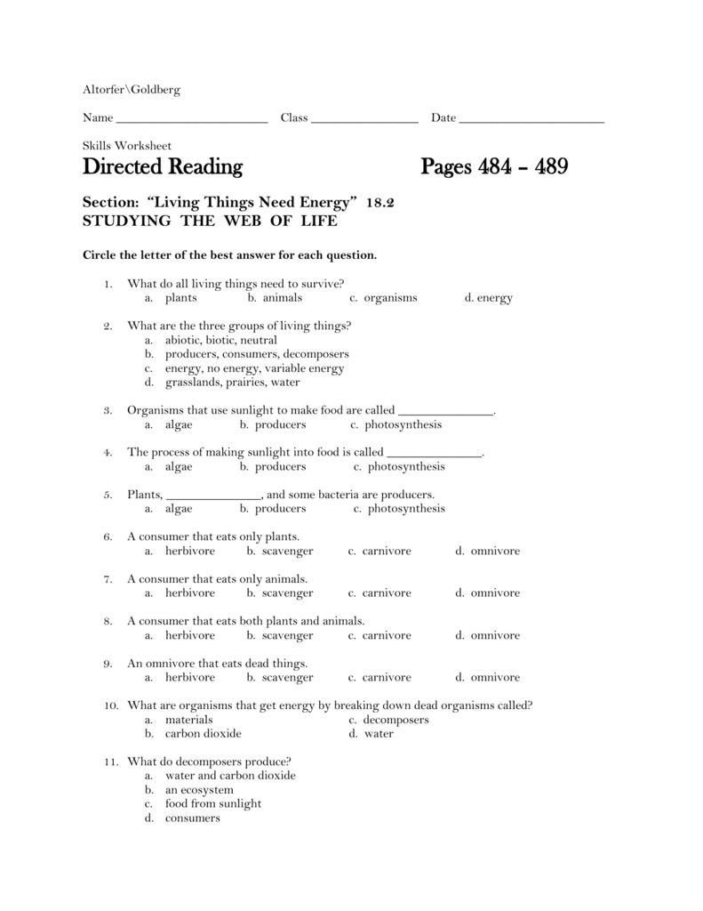 Directed Reading 18 2 Worksheet