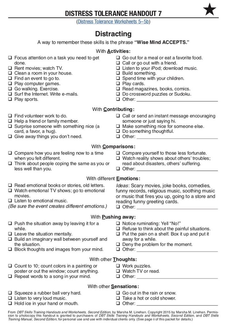 Distracting ACCEPT Skill DBT Counseling Techniques Worksheets