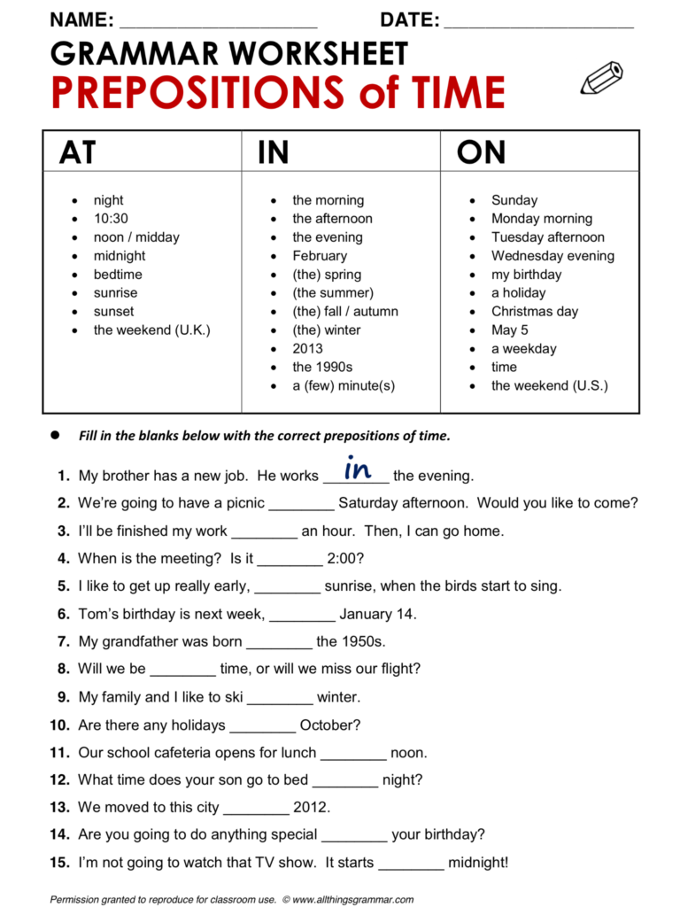 English Grammar Worksheet Prepositions Of Time At In On Http www 