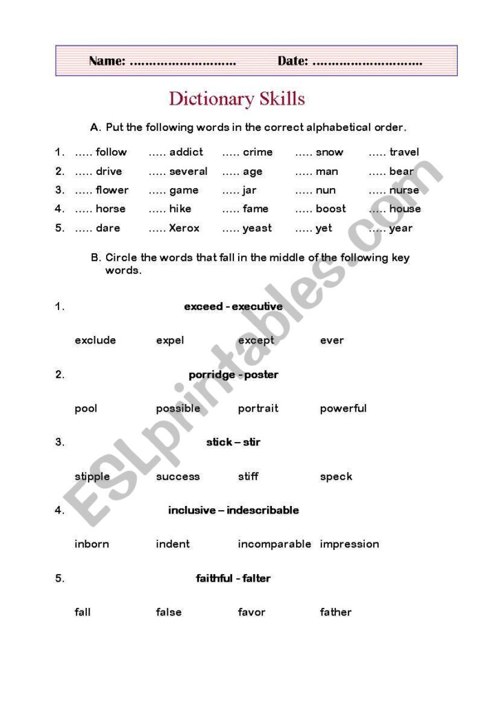 English Worksheets Dictionary Skills