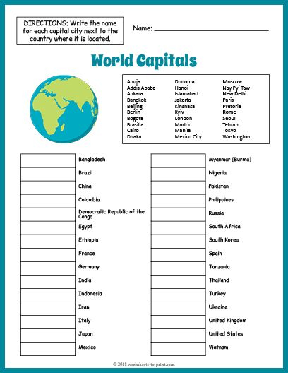 Fun Printable Worksheet For Geography Students Features 30 World 