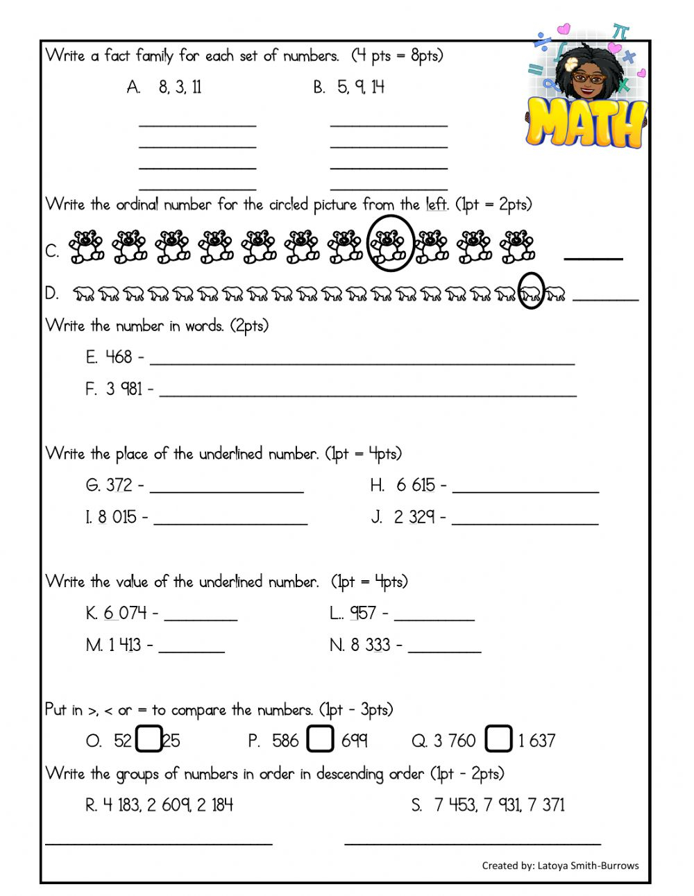 Grade 3 Math Review Worksheet