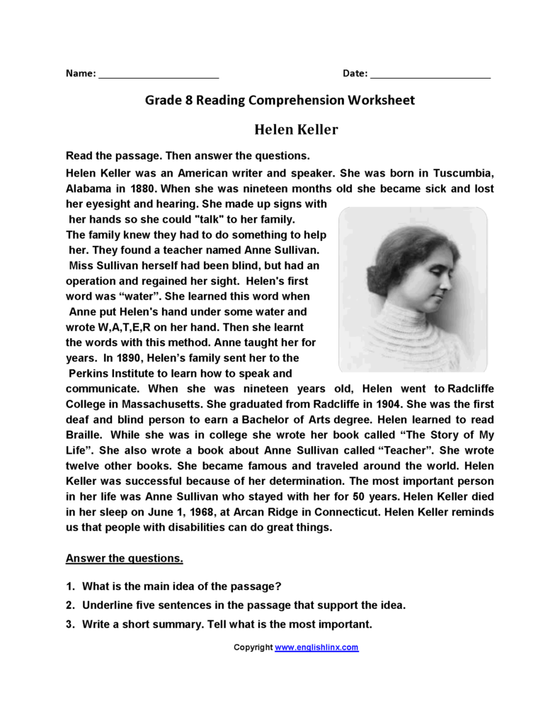 Helen Keller Eighth Grade Reading Worksheets Reading Worksheets 