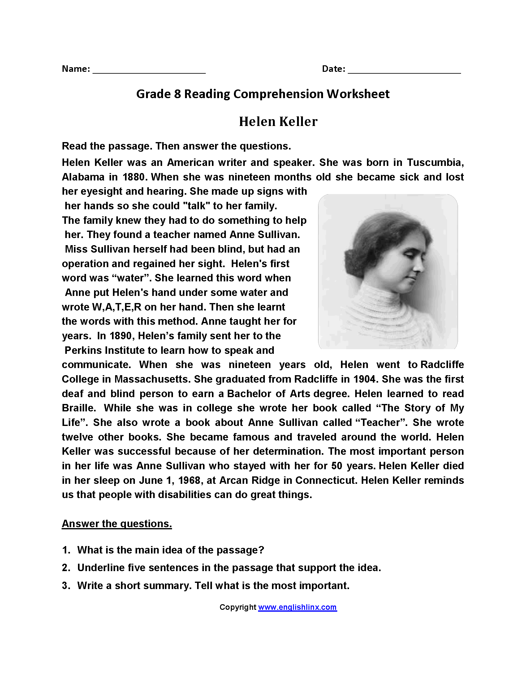 Helen Keller Eighth Grade Reading Worksheets Reading Worksheets