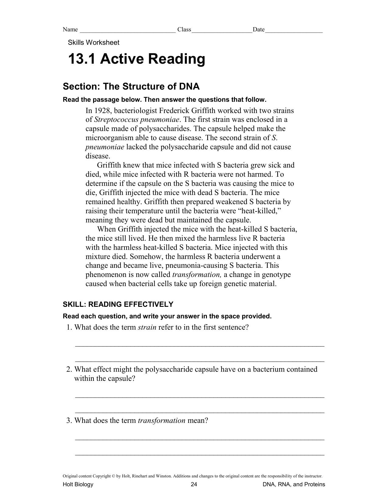 Holt Biology Dna Rna And Proteins Worksheet Answers Nidecmege