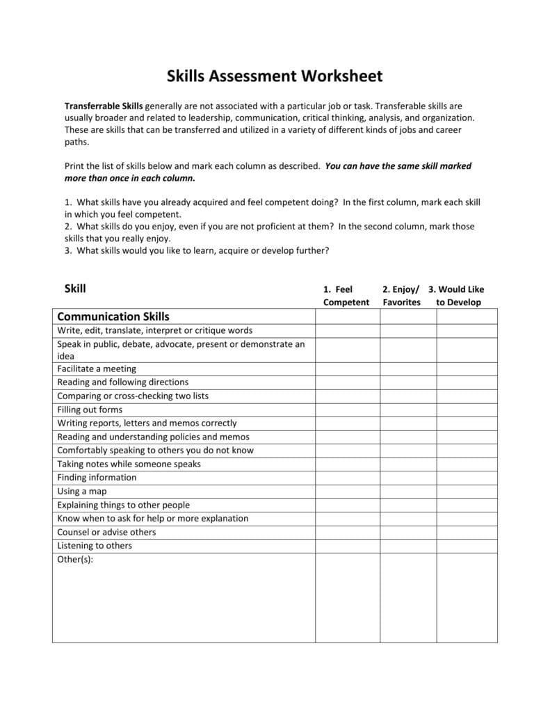 Job Skills Assessment Worksheet Db excel