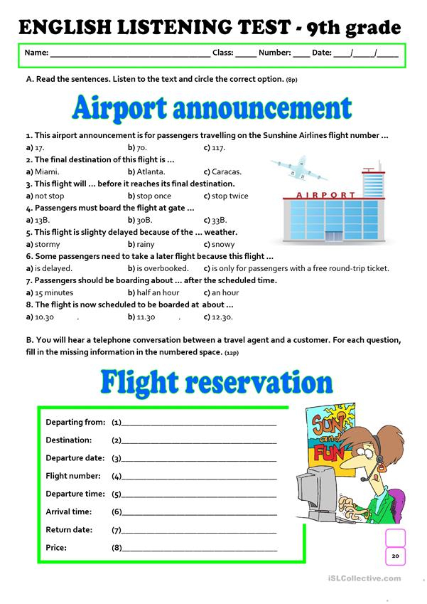 LISTENING TEST AT THE AIRPORT A2 B1 9th Grade Worksheet Free 