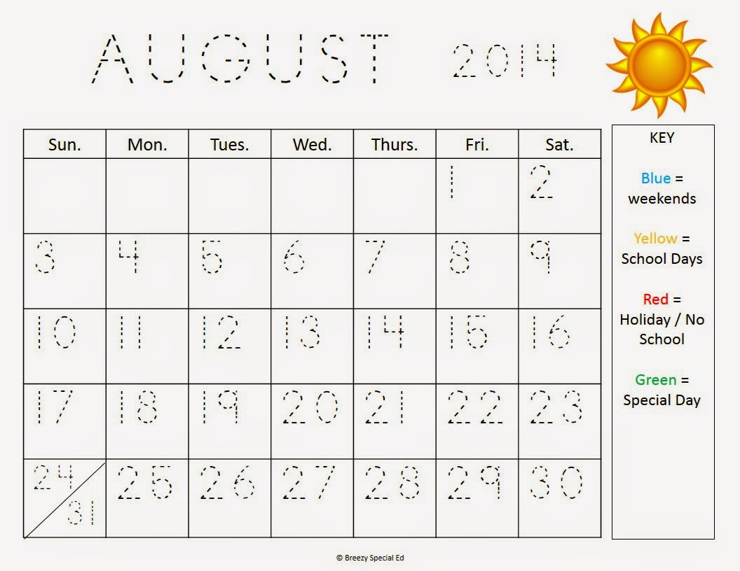 Monthly Calendar Worksheets August Freebies Breezy Special Ed