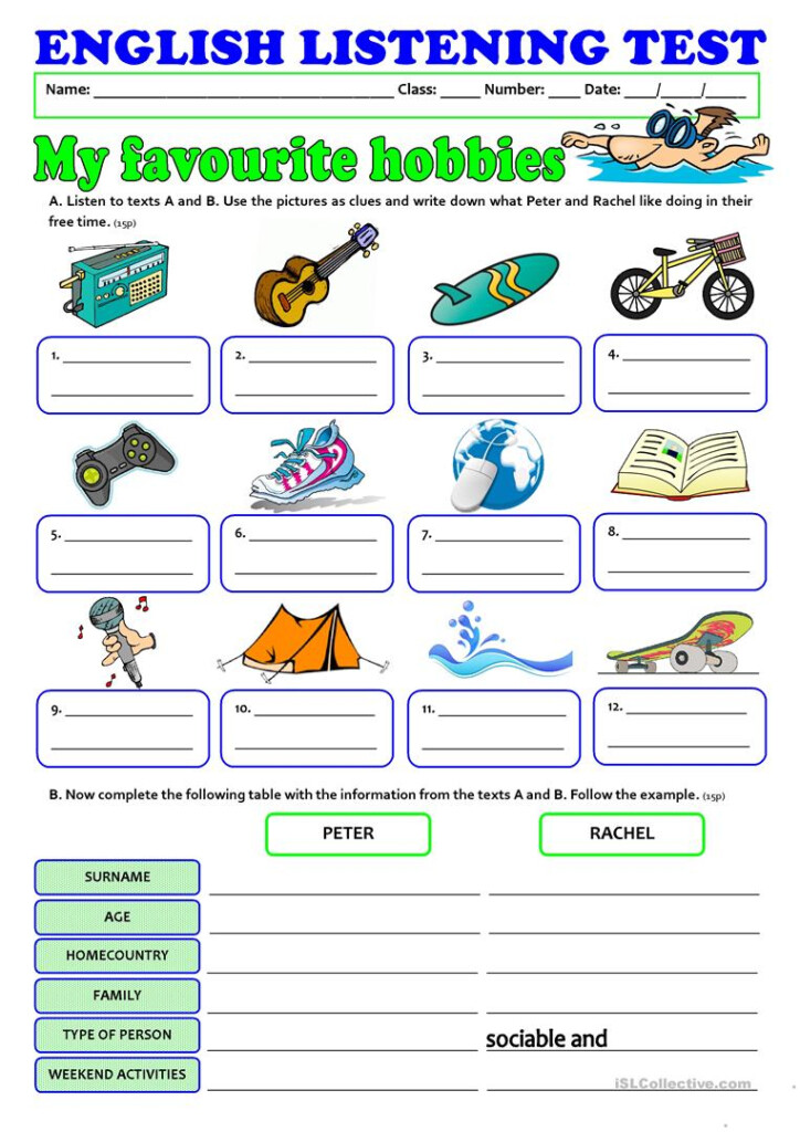 MY HOBBIES Listening Test A1 A2 Worksheet Free ESL Printable 