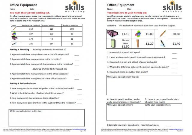 Office Equipment Entry Functional Maths Tasks X 3 Skills Workshop