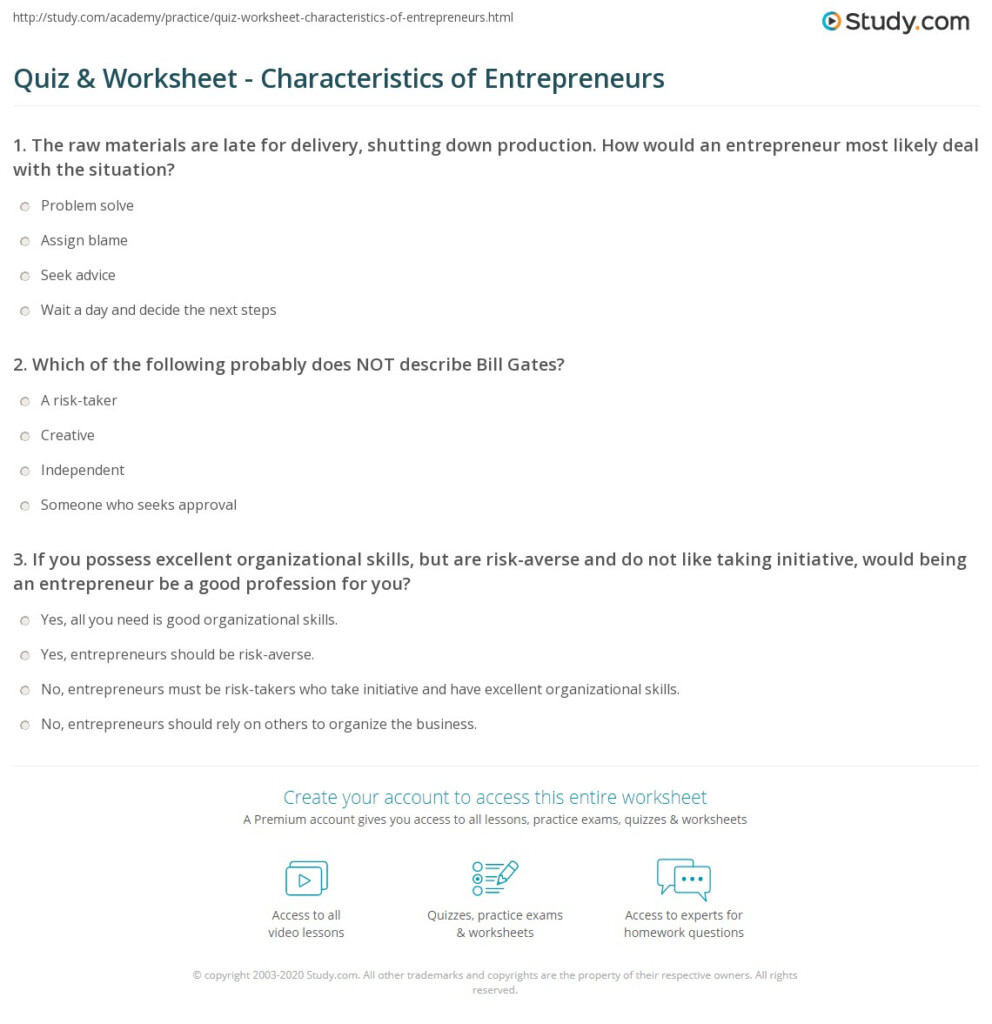 Quiz Worksheet Characteristics Of Entrepreneurs Study