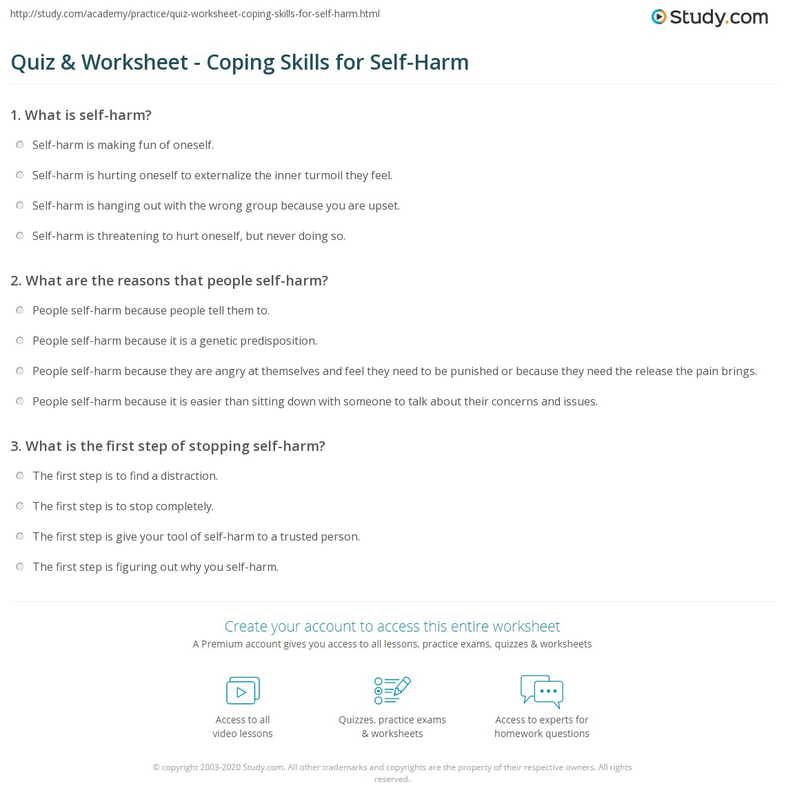 Quiz Worksheet Coping Skills For Self Harm Study