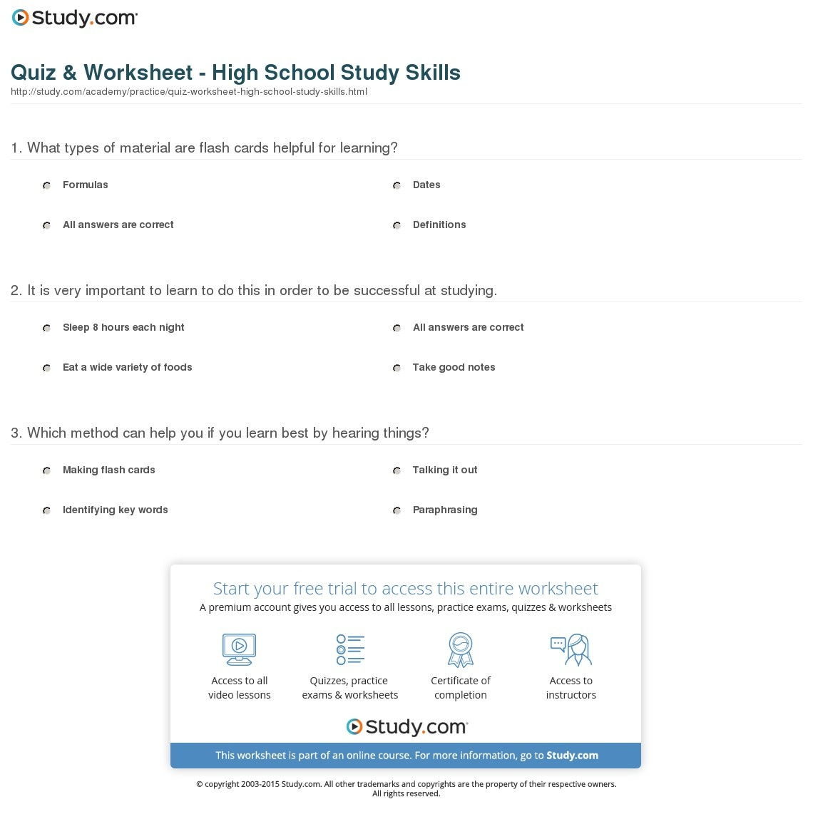 Quiz Worksheet High School Study Skills Study Free Printable