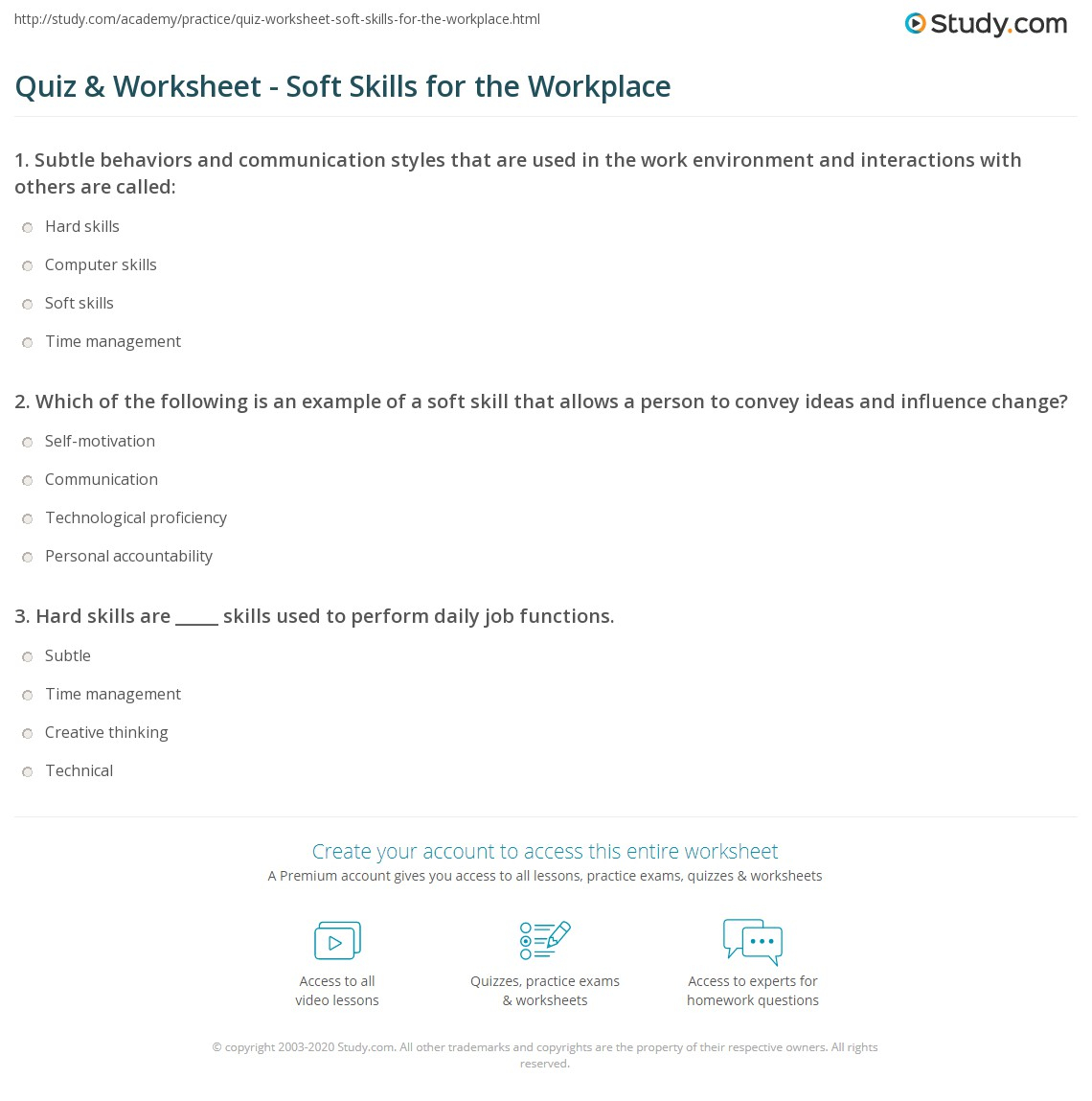 Quiz Worksheet Soft Skills For The Workplace Study