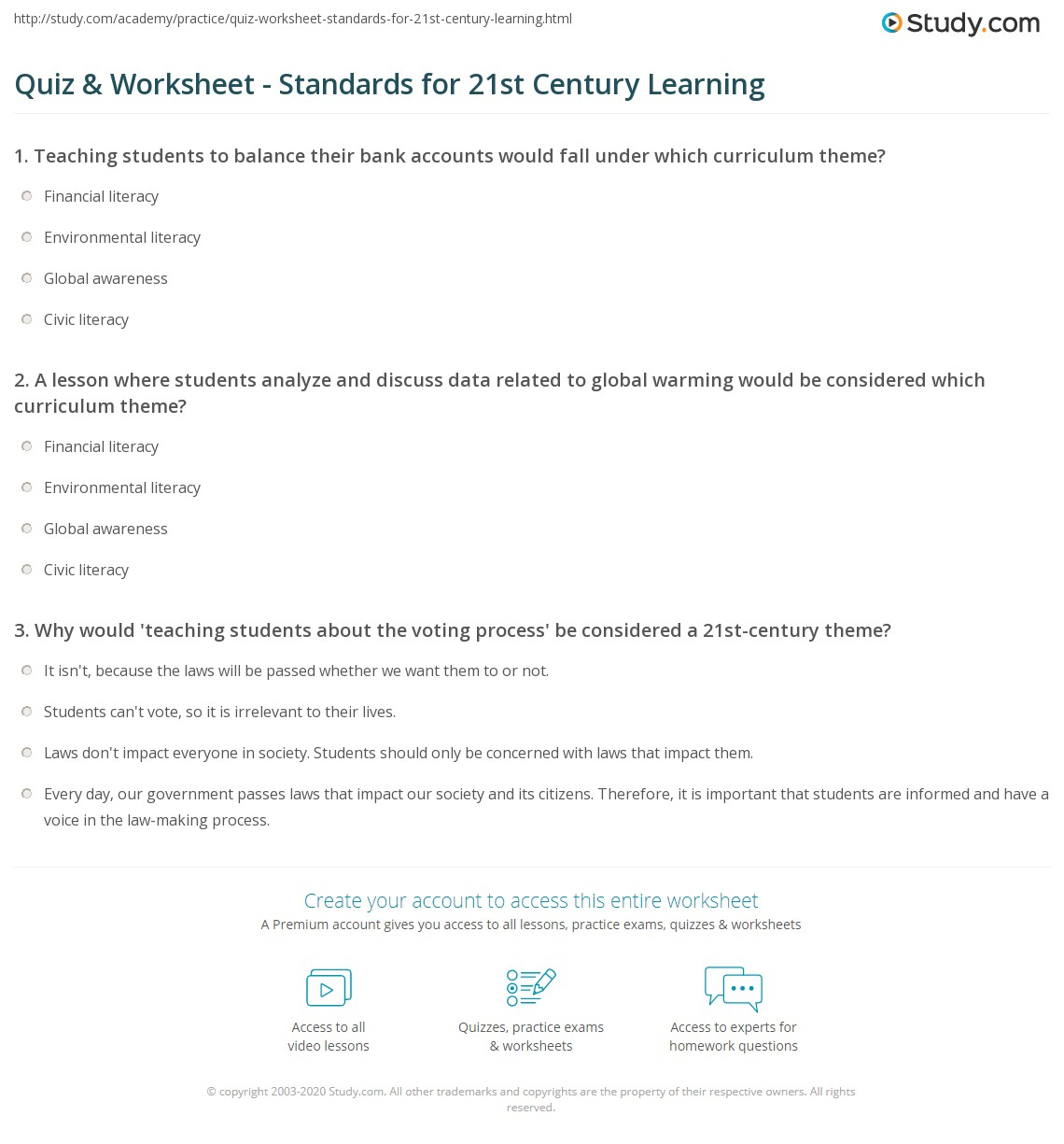 Quiz Worksheet Standards For 21st Century Learning Study