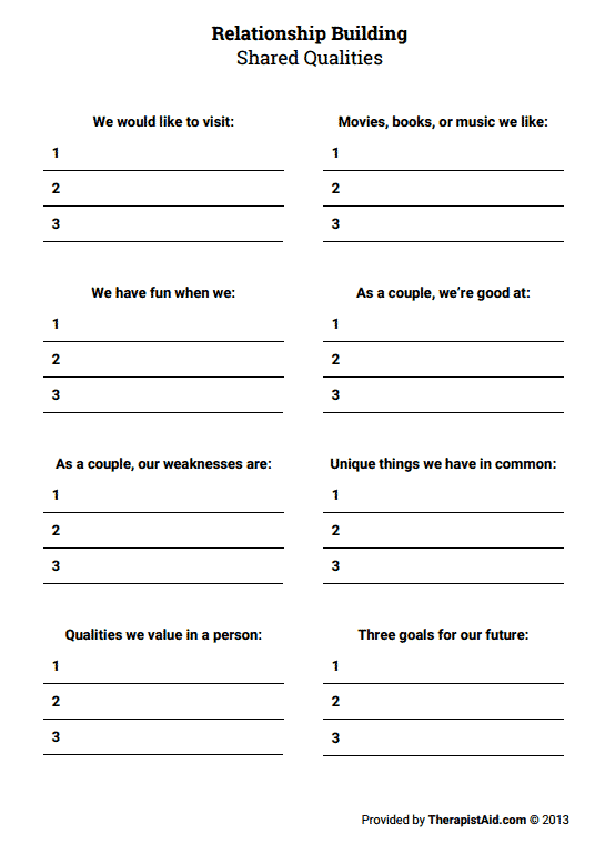 Relationship Building Shared Qualities Worksheet Therapist Aid