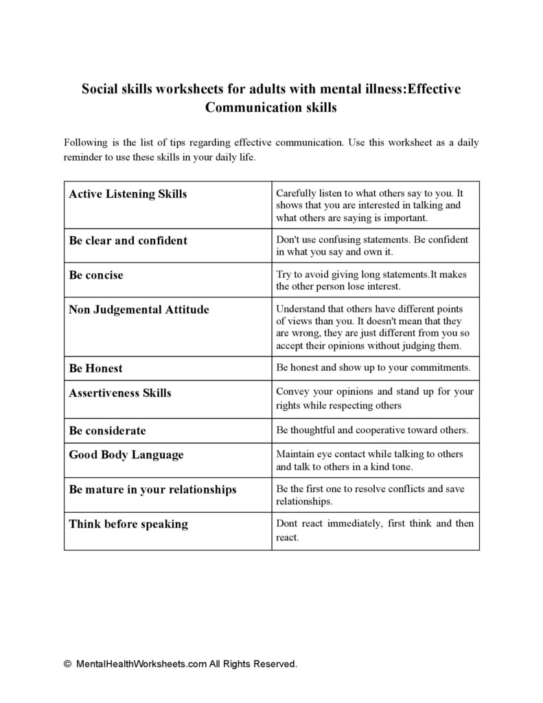 Social Skills Worksheets For Adults With Mental Illness Effective 