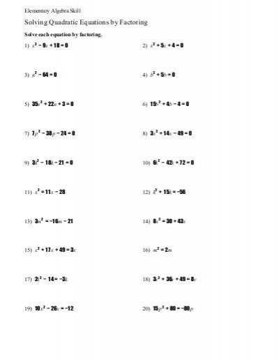 Solving Quadratic Equations By Factoring Worksheet Answers Elementary 