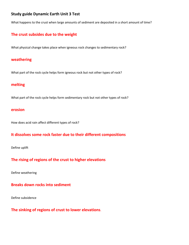 Study Guide Dynamic Earth Unit 3 Test What Happens To The Crust