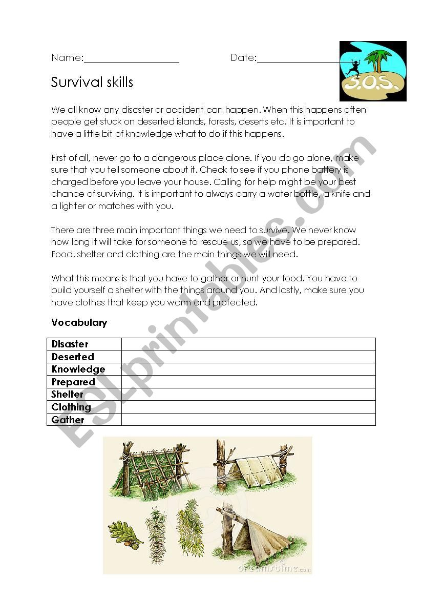 Survival Skills ESL Worksheet By ChanelleEls