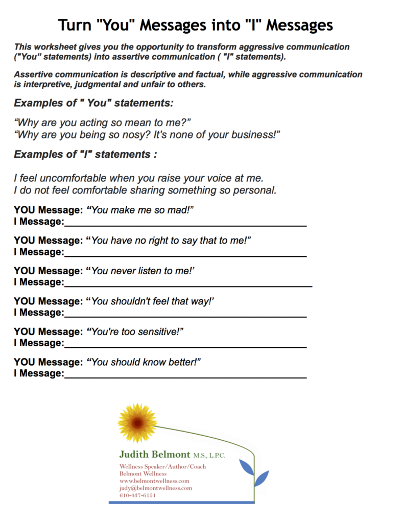 Turning you Messages Into I Messages Counseling Worksheets 