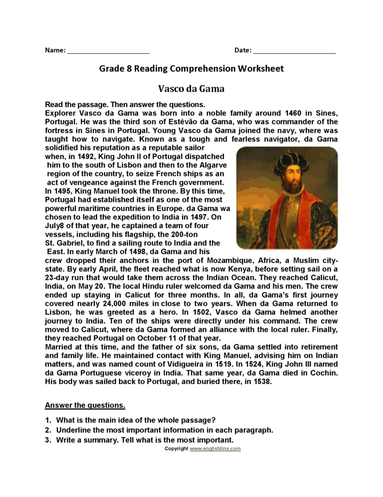 Vasco De Gama Eighth Grade Reading Worksheets Reading Comprehension 