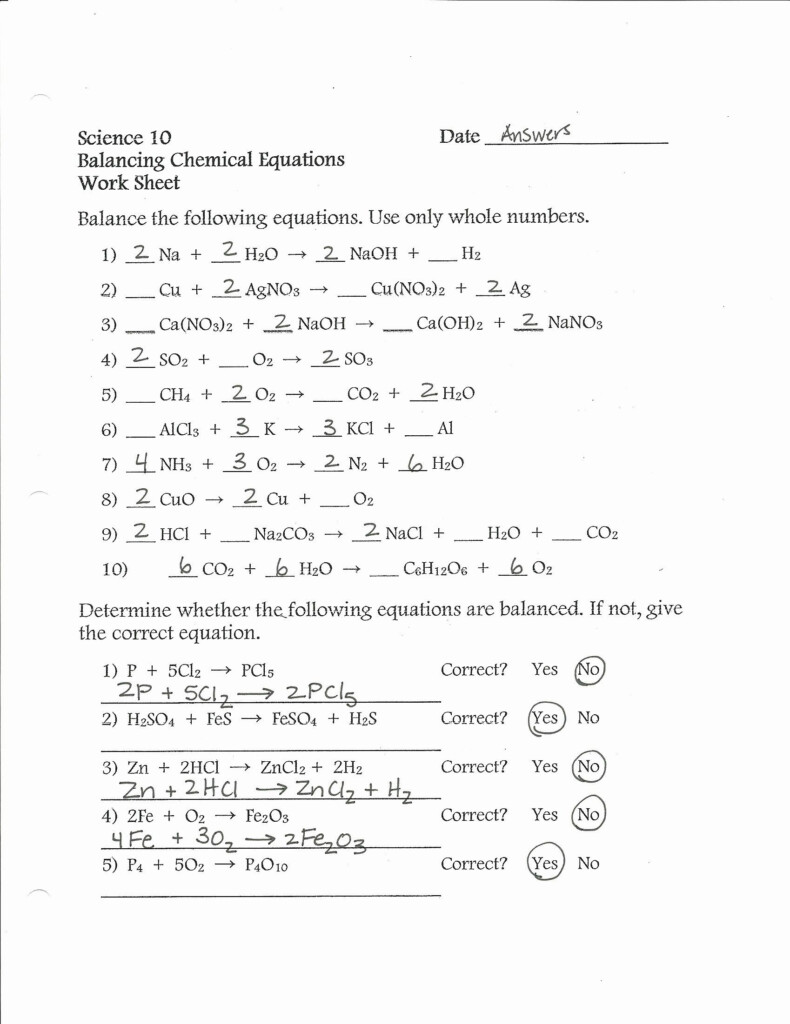 Worksheet 10 Math Skills Balancing Chemical Equations Answer Key SHOTWERK