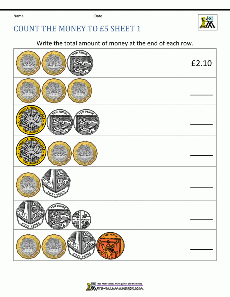 Year 3 Money Worksheets To 5