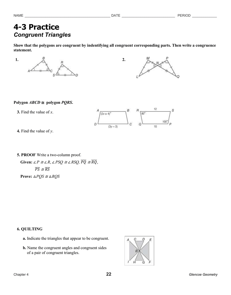 4 3 Practice Congruent Triangles Worksheet Answers Glencoe Geometry 