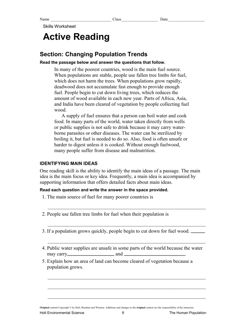 Active Reading Skills Worksheet Answer Key Understanding Our 