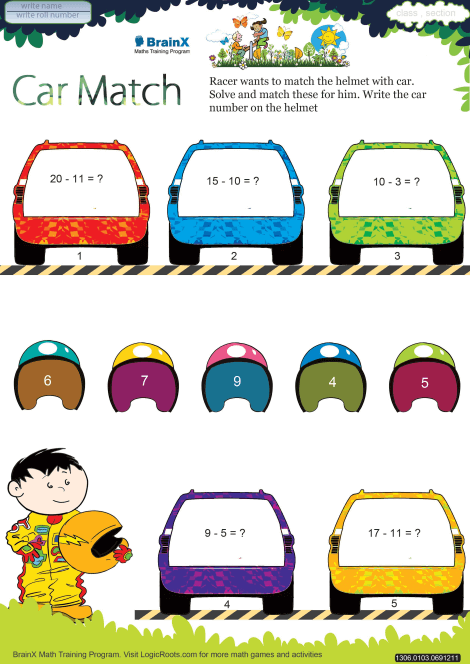 Car Match Math Worksheet For Grade 1 Free Printable Worksheets