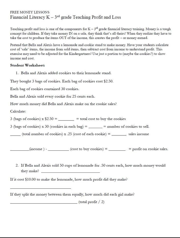 Financial Literacy K 3rd Grade Teaching Profit And Loss Page 1 