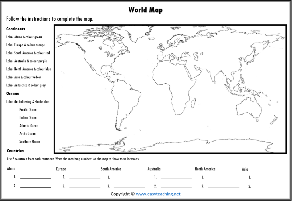 Geography Worksheets Countries Continents Maps EasyTeaching