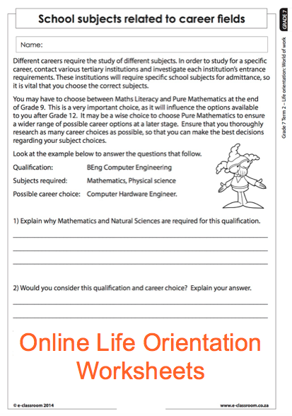 Grade 7 Online Life Orientation Worksheets Careers For More