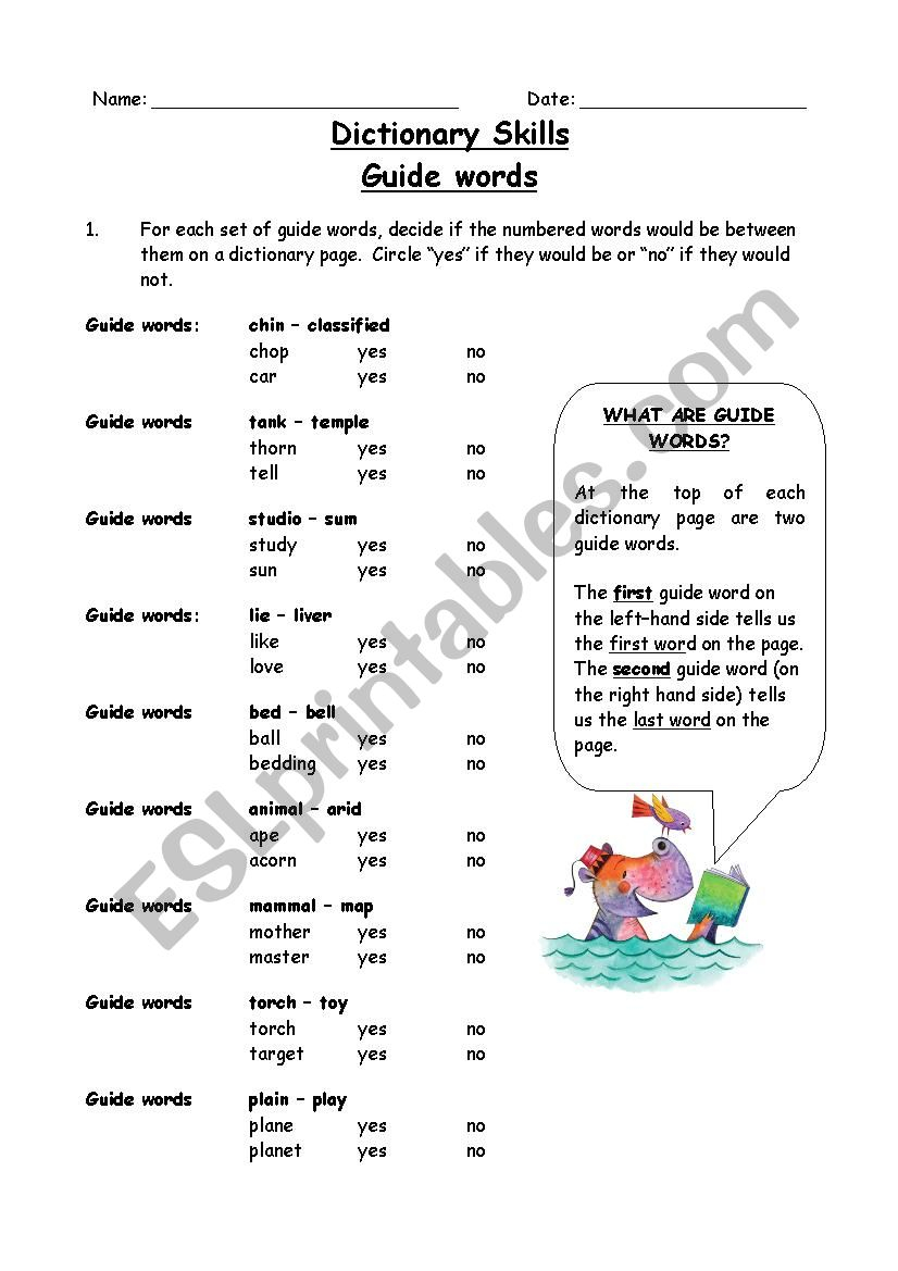 Guide Words Dictionary Skills ESL Worksheet By Maus