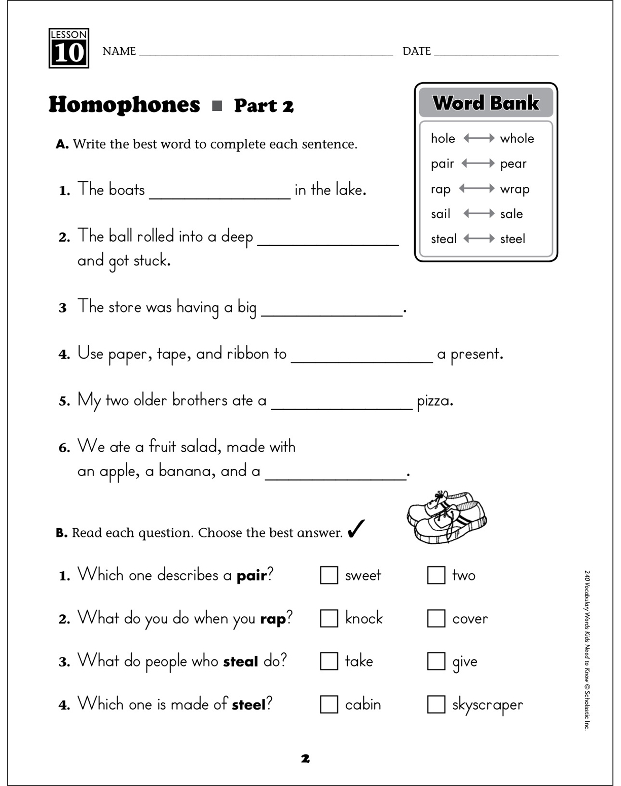 Homophones Grade 2 Vocabulary Printable Skills Sheets