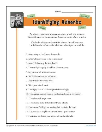 Identifying Adverbs Free Printable Adverb Worksheets