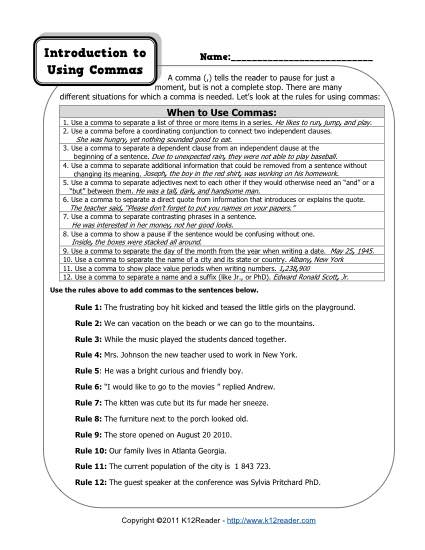 Intro To Using Commas Free Printable Punctuation Worksheets