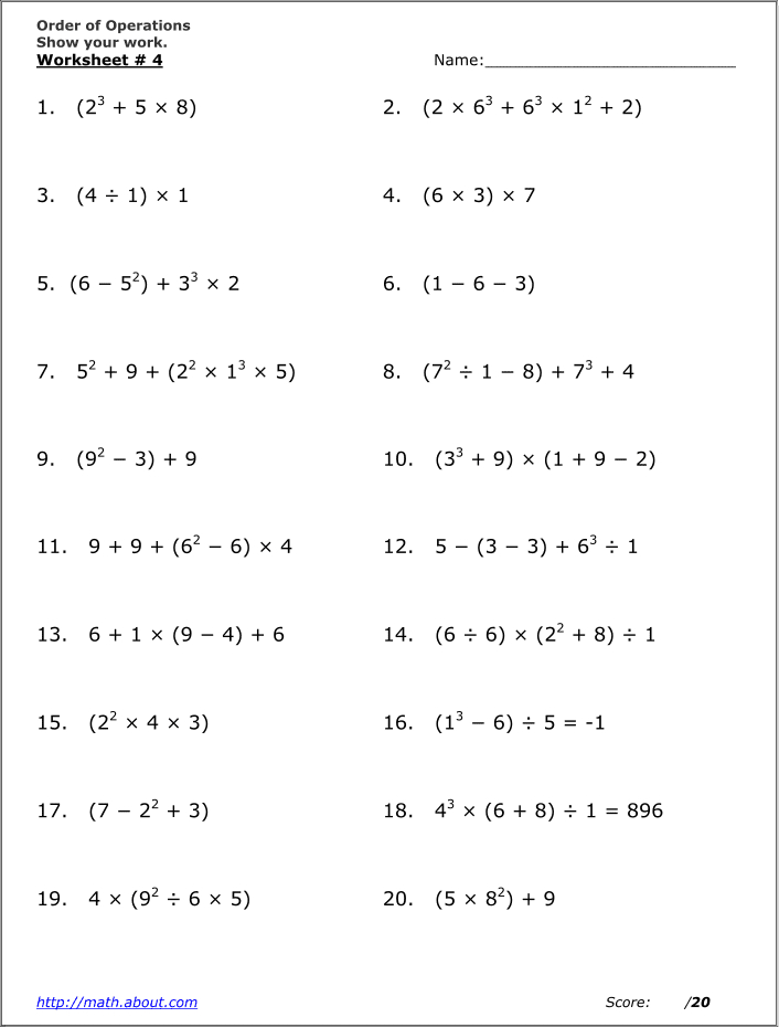 Math Worksheets Order Of Operations Or PEMDAS